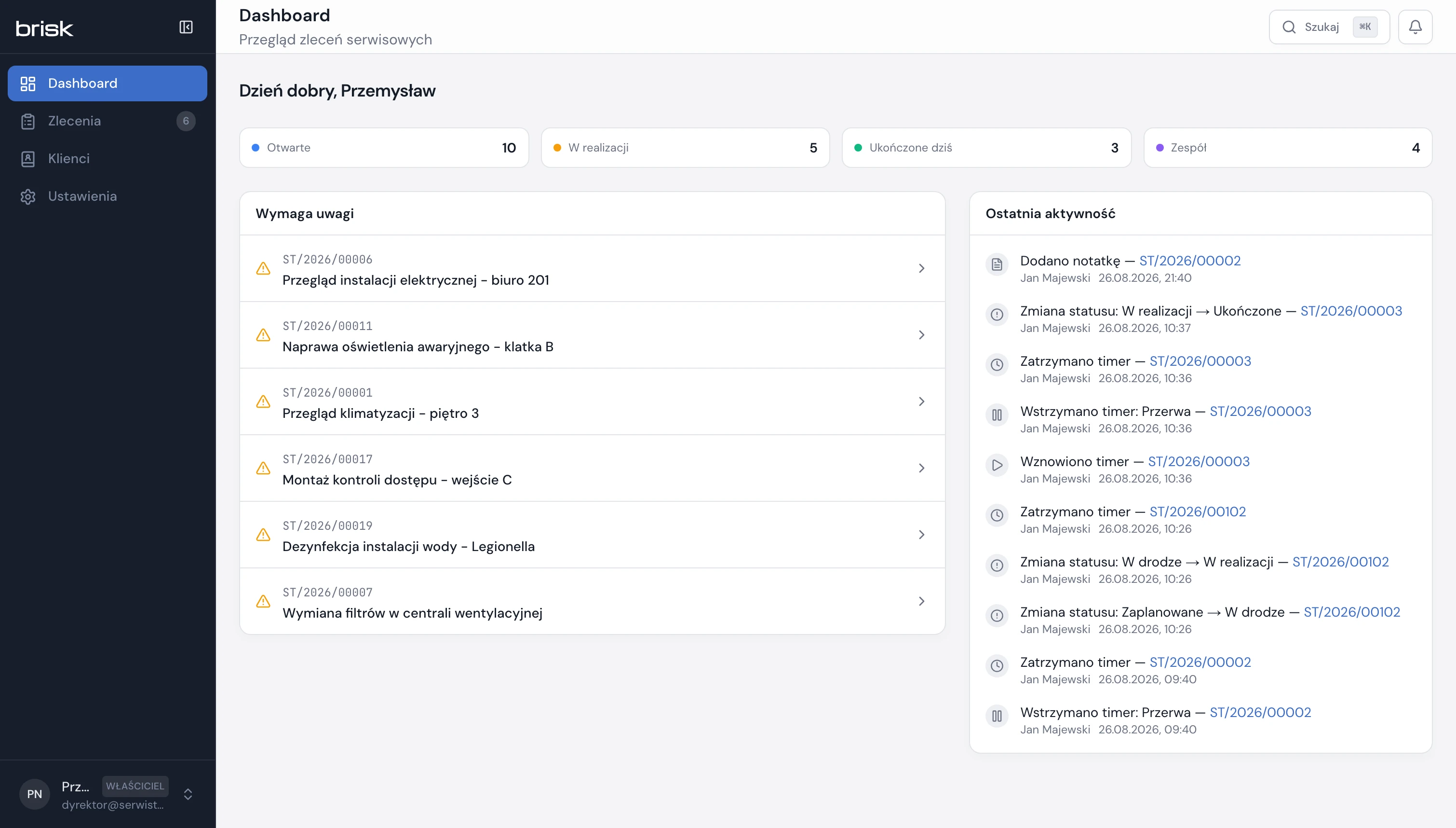 Panel koordynatora Brisk — kanban zleceń serwisowych, mapa techników, kalendarz
