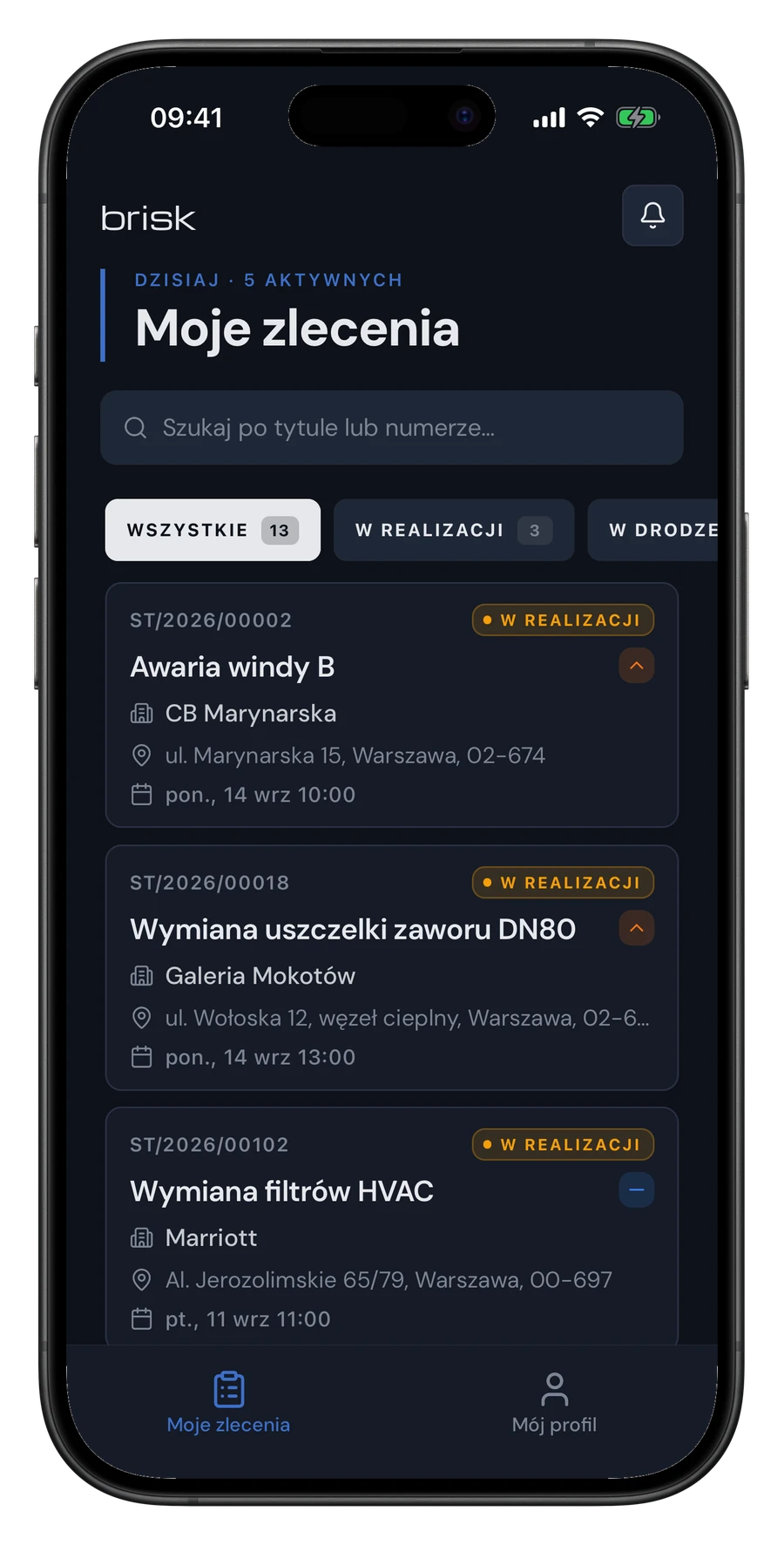 Aplikacja mobilna Brisk — lista zleceń technika